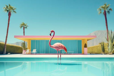 FLAMINGO BY THE POOL- イエローコーナーのアートフォト／写真